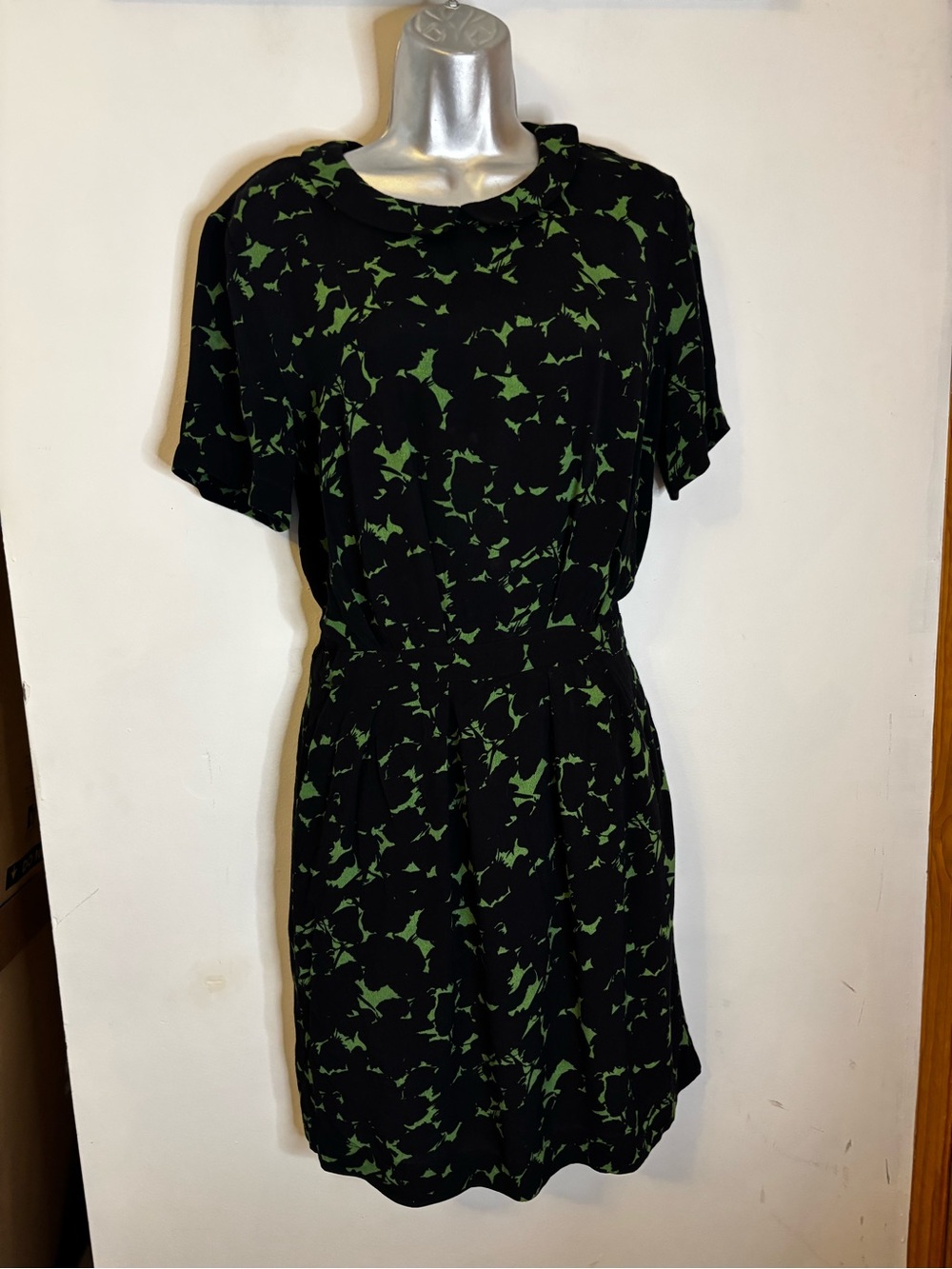 Ganni Rossman Black Crepe Dress with Green Leaf Motif